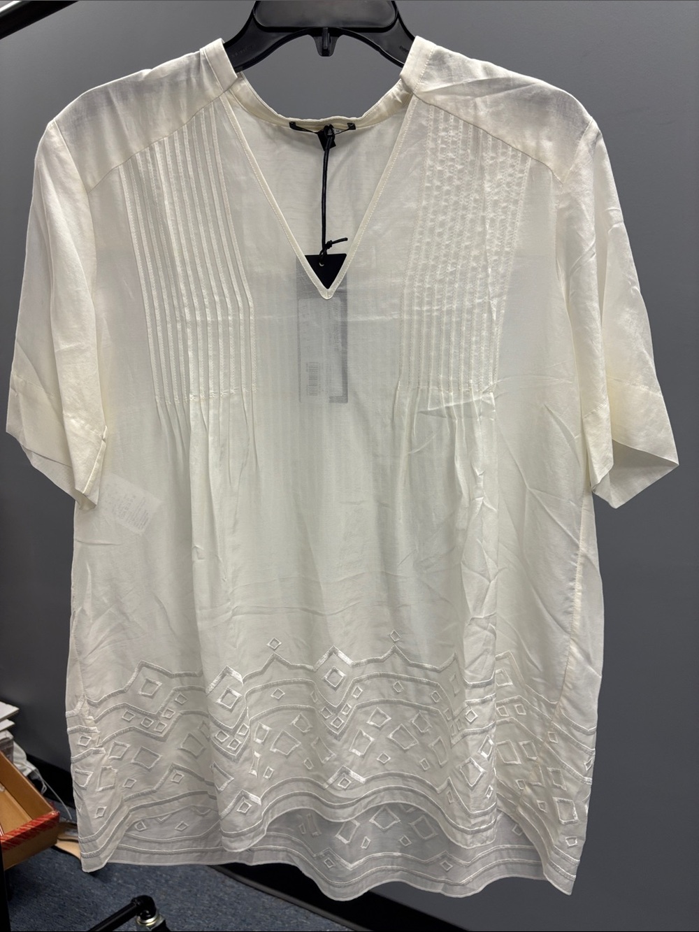 STRENESSE Cream Embroidered Pintuck Short-Sleeve Blouse
